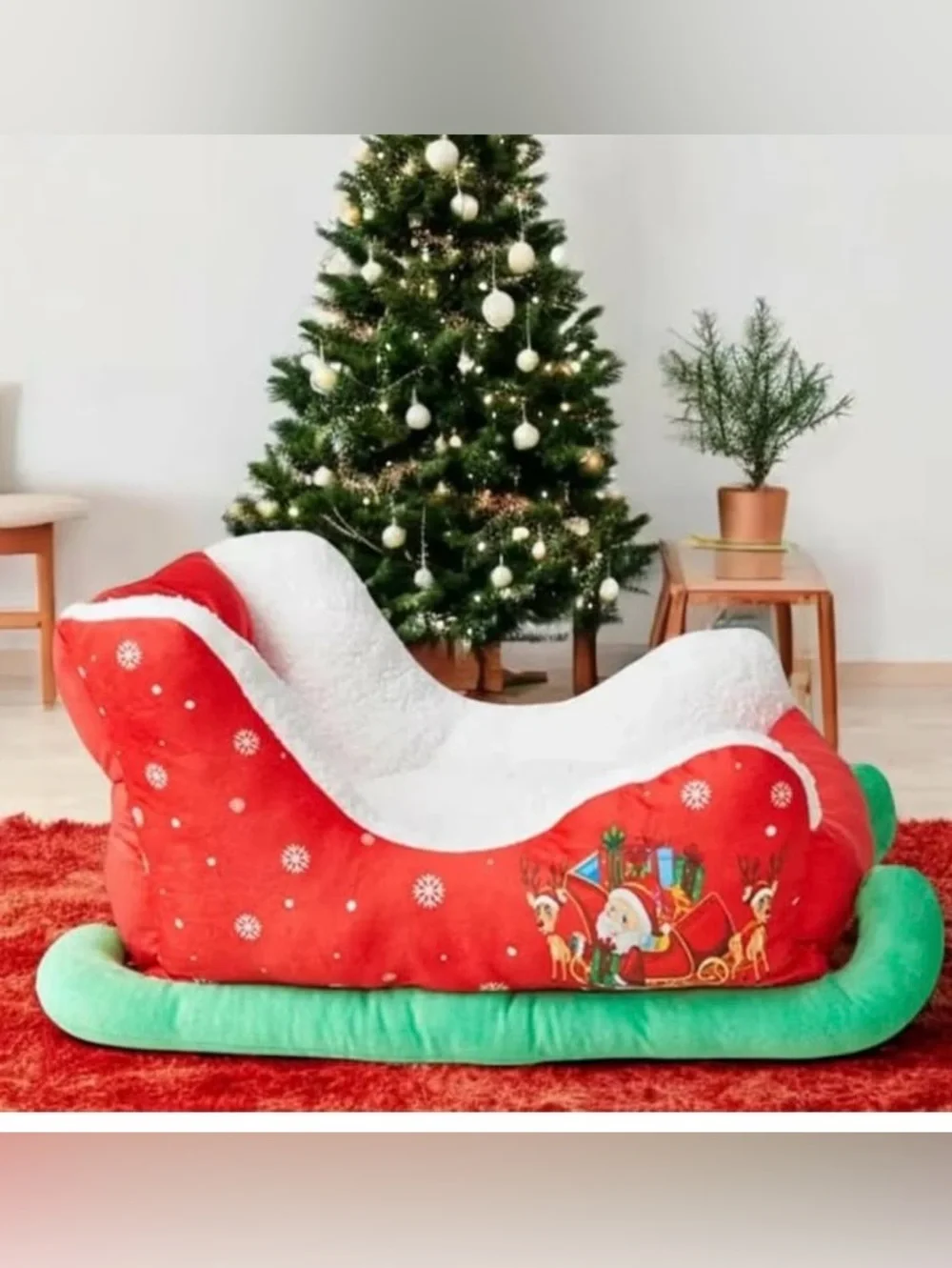 Red Holiday Sleigh Pet Bed with Plush White Lining
